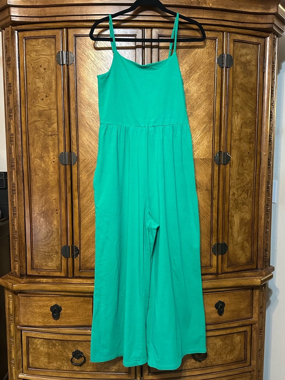 RDI Green Knit Wide Leg Jumpsuit Medium Sleeveless Spaghetti Strap Pockets - Picture 2 of 10